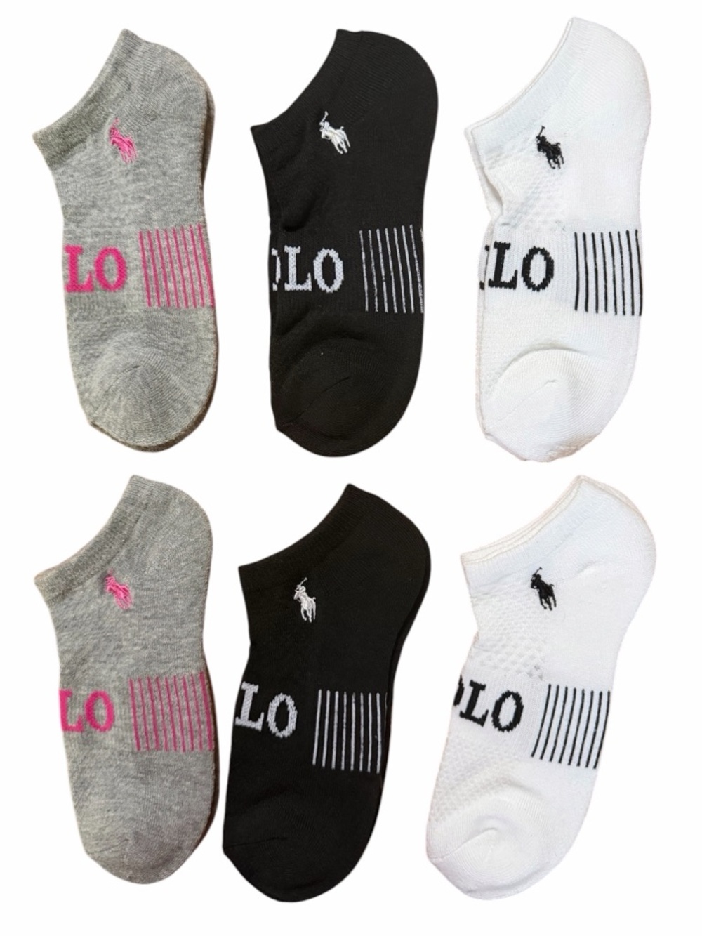 Polo Ralph Lauren Women's 6-Pack Low Cut Socks Shoe Sz 4-10.5 Black Gray White